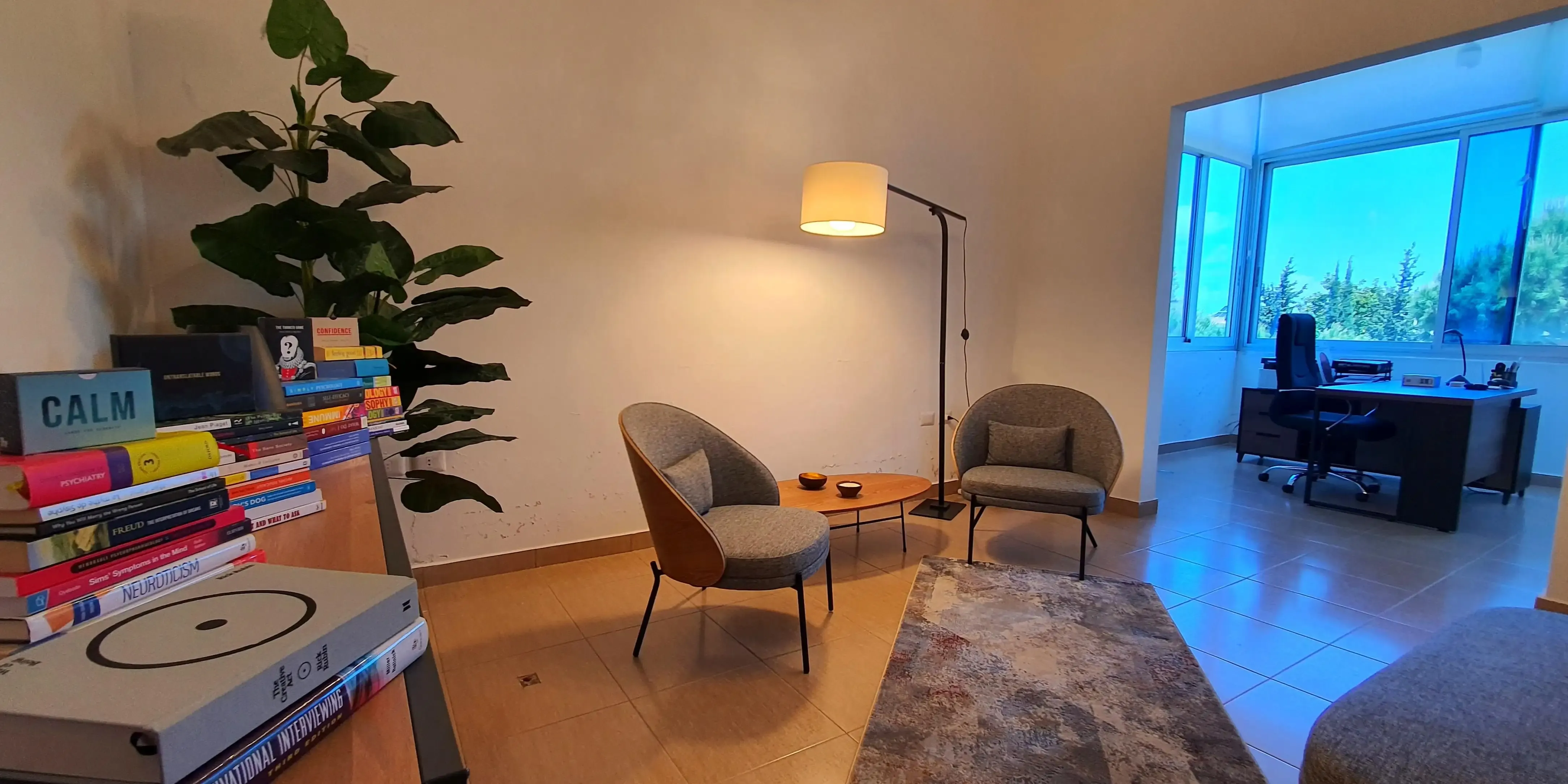 Therapy room. The room has two single chairs and one couch, surrounded by warm lights and a library of books