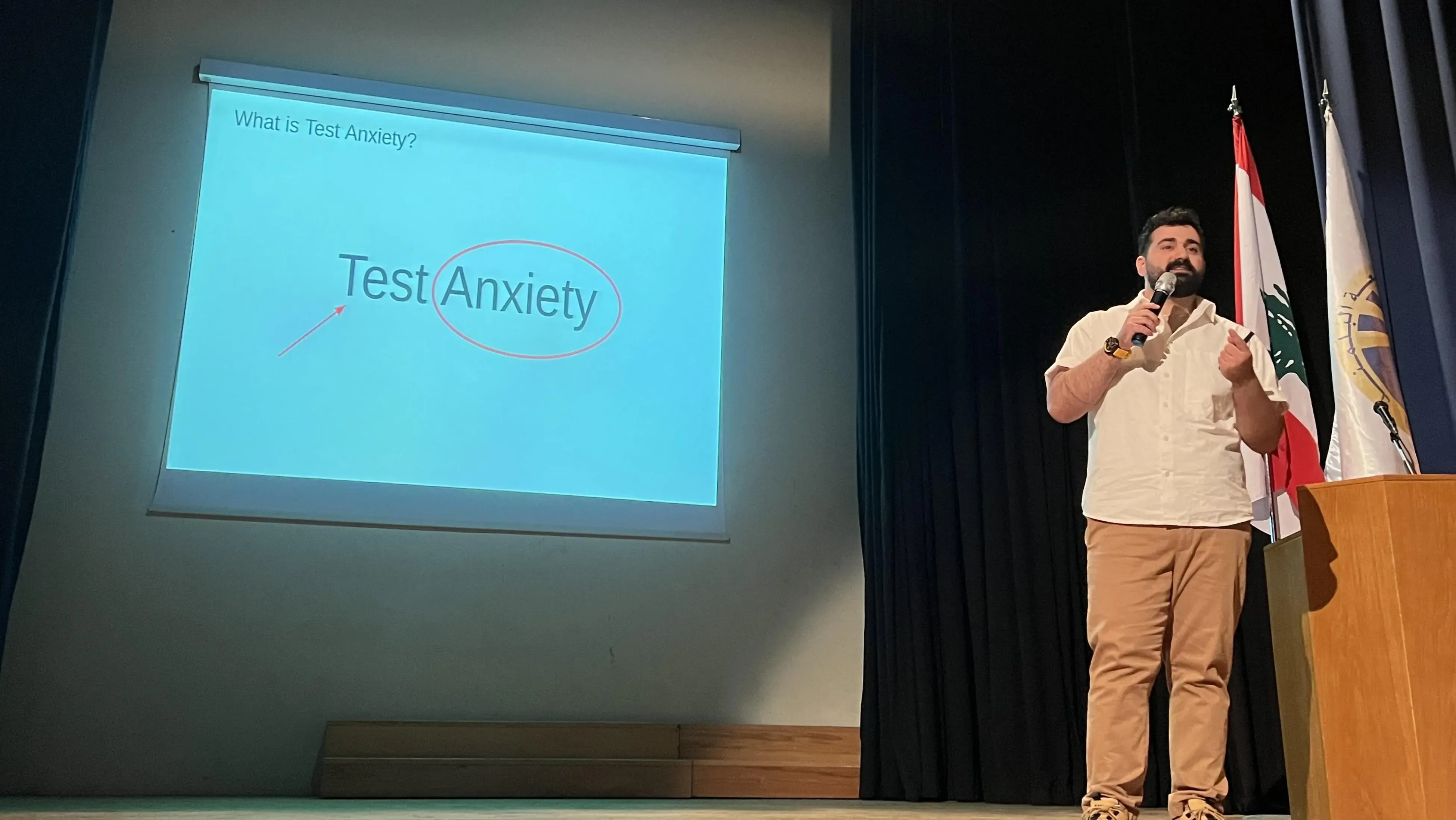 Firas Al Alam giving a talk in the University of Balamand about Test Anxiety